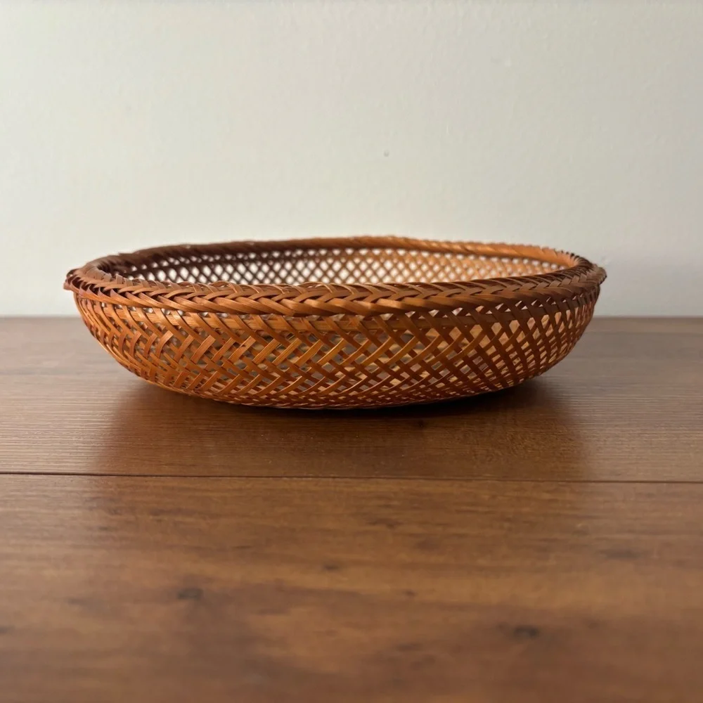 Vintage Small Woven Basket with Checkered Base Wicker Rattan